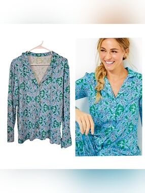 Lilly Pulitzer Melena Pullover Button Down Bon Bon Blue Leppard Print Sleep Shir